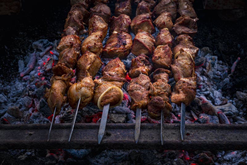 Shashlik or shashlyk (meaning skewered meat) was originally made of lamb.  Nowadays it is also made of pork or beef depending on local preferences and  Stock Photo - Alamy