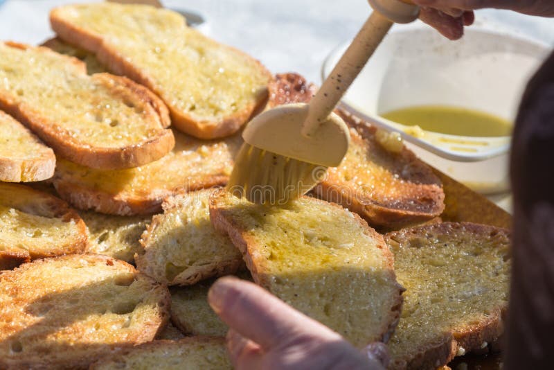 Preparing Slices Grilled Bread Olive Oil Italian Snack Stock Photos