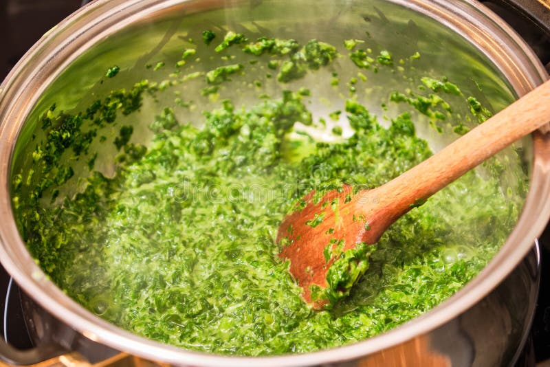 Preparing Spinach in Cooking Pot Stock Image - Image of cooked, dish