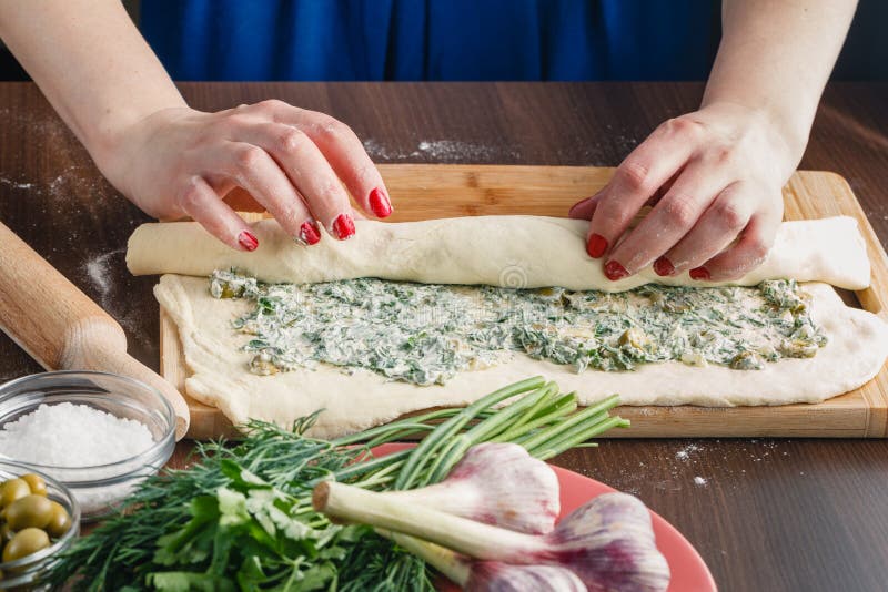 Preparing Stuffed French Bread with Olives Stock Image Image of woman