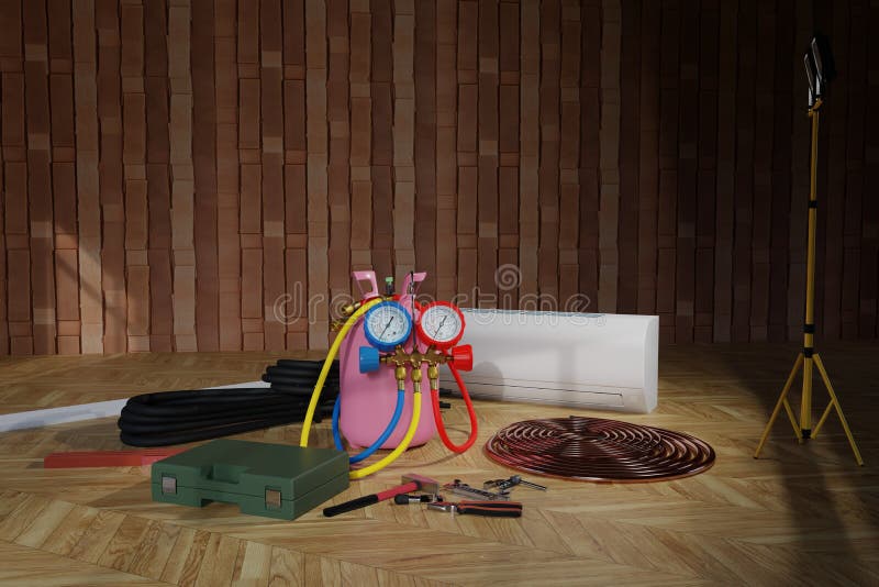 Preparing a Tool for Installing an Air Conditioner 3d Stock Image