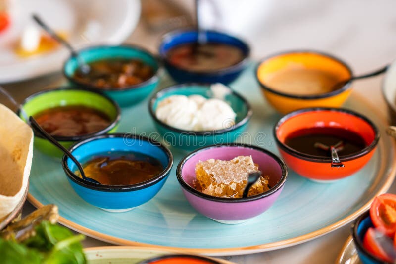 Preperation of a rich mediterranean breakfast for a healthy life. Various sweet preserves stock images, royalty-free photos and pictures