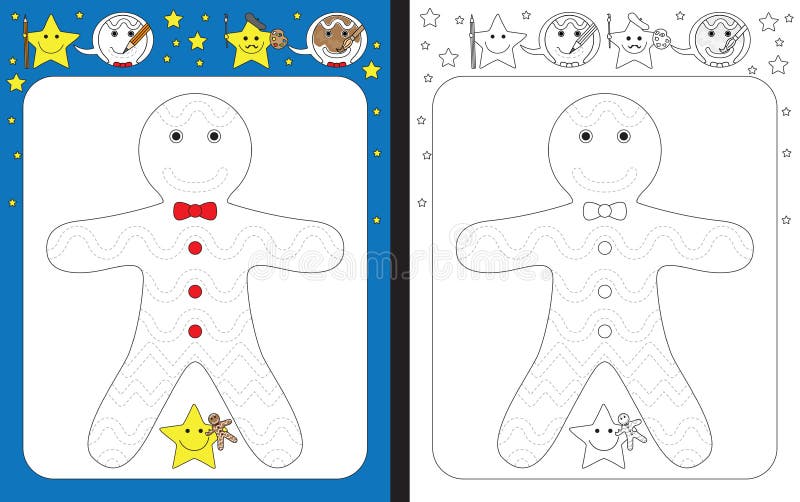 Preschool worksheet. For practicing fine motor skills - tracing dashed lines of sugar decorations on gingerbread man vector illustration Preschool worksheet. For practicing fine motor skills - tracing dashed lines of sugar decorations on gingerbread man vector illustration