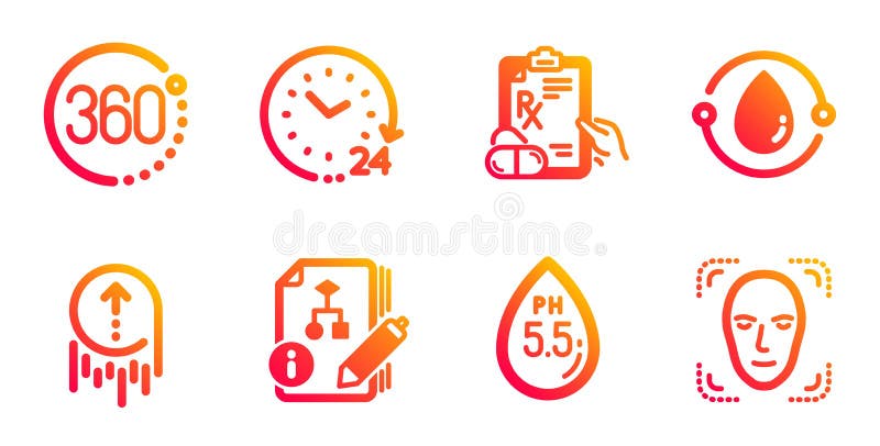 Prescription drugs, 24 hours and 360 degrees icons set. Swipe up, Ph neutral and Algorithm signs. Vector royalty free illustration
