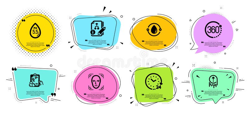 Prescription drugs, 24 hours and 360 degrees icons set. Swipe up, Ph neutral and Algorithm signs. Vector stock illustration
