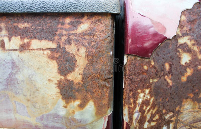 Detail and closeup of rust on car metal with cracking