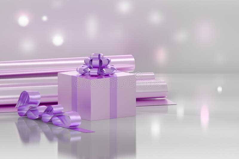 Present Gift Box with Bow and Ribbon in Purple Colors with Lens Flare