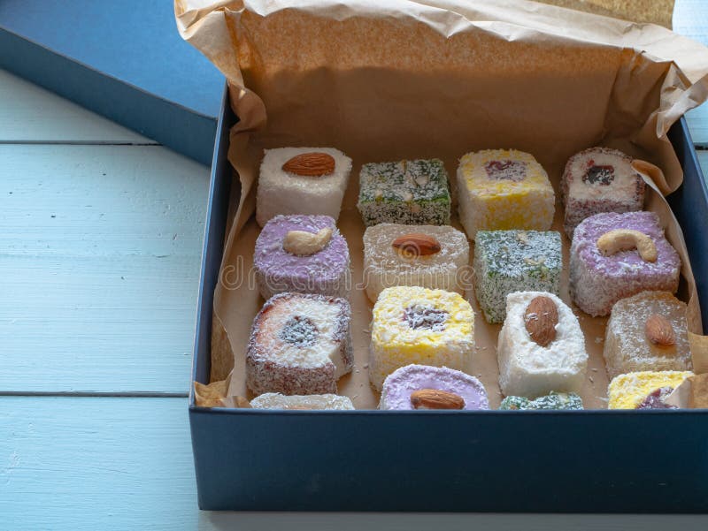 Box of Various Turkish Delight Jelly Nut Candy Stock Photo Image of