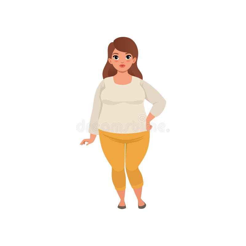 Pretty fat woman posing isolated on white background. Cartoon character of caucasian girl with brown hair wearing beige blouse and yellow pants. Full-length portrait. Vector illustration in flat style. Pretty fat woman posing isolated on white background. Cartoon character of caucasian girl with brown hair wearing beige blouse and yellow pants. Full-length portrait. Vector illustration in flat style