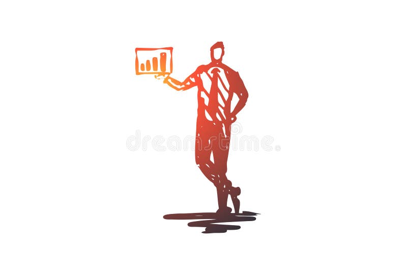 Presentatie, mens, grafiek, zaken, grafisch concept Hand getrokken geïsoleerde vector stock illustratie Presentatie, mens, grafiek, zaken, grafisch concept Hand getrokken geïsoleerde vector stock illustratie