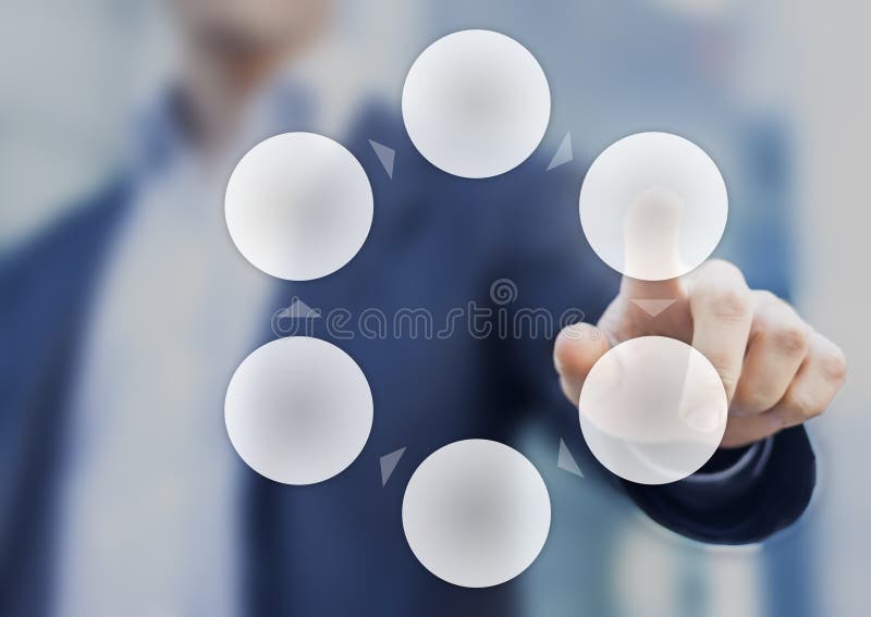 Presentation of a cycle business process diagram with six empty circles and a businessman in background. Presentation of a cycle business process diagram with six empty circles and a businessman in background