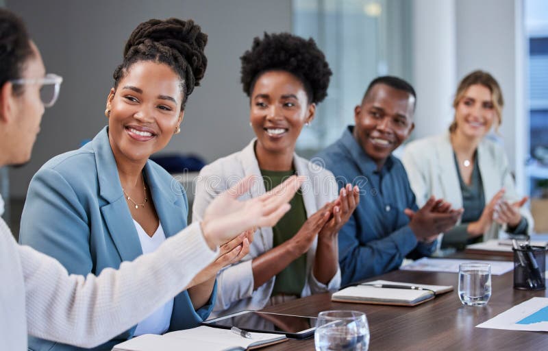 Presentation, success or applause of business people in a meeting for sales growth, goals or deal. Partnership stock photography