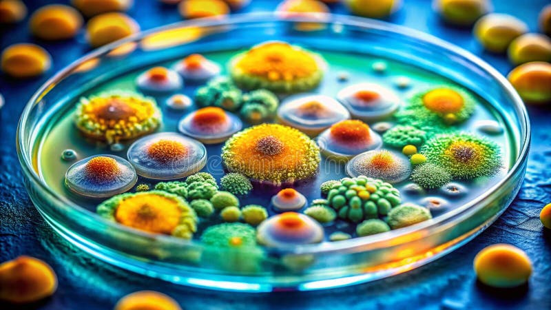 Presentazione della macro dettagliata del mondo nascosto delle colonie di Mold che crescono in una fossa di Petri utilizzando Tilt illustrazione vettoriale