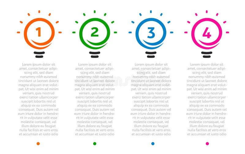 Presentazione di affari, tavola con una cronologia di 4 lampadine Il numero di opzioni, logo di idee, fa un passo icone Vettore i illustrazione di stock Presentazione di affari, tavola con una cronologia di 4 lampadine Il numero di opzioni, logo di idee, fa un passo icone Vettore i illustrazione di stock