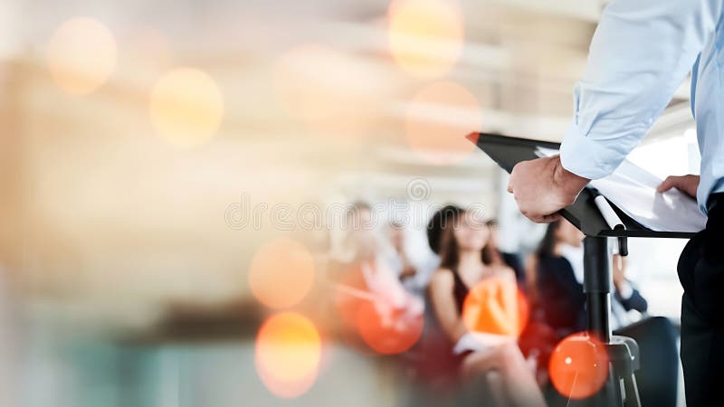 A Presenter at conference podium delivering a talk with an audience in a modern office setting. Conference podium illustrations