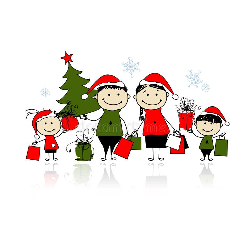 Presentes do Natal. Família com sacos de compra ilustração stock Presentes do Natal. Família com sacos de compra ilustração stock