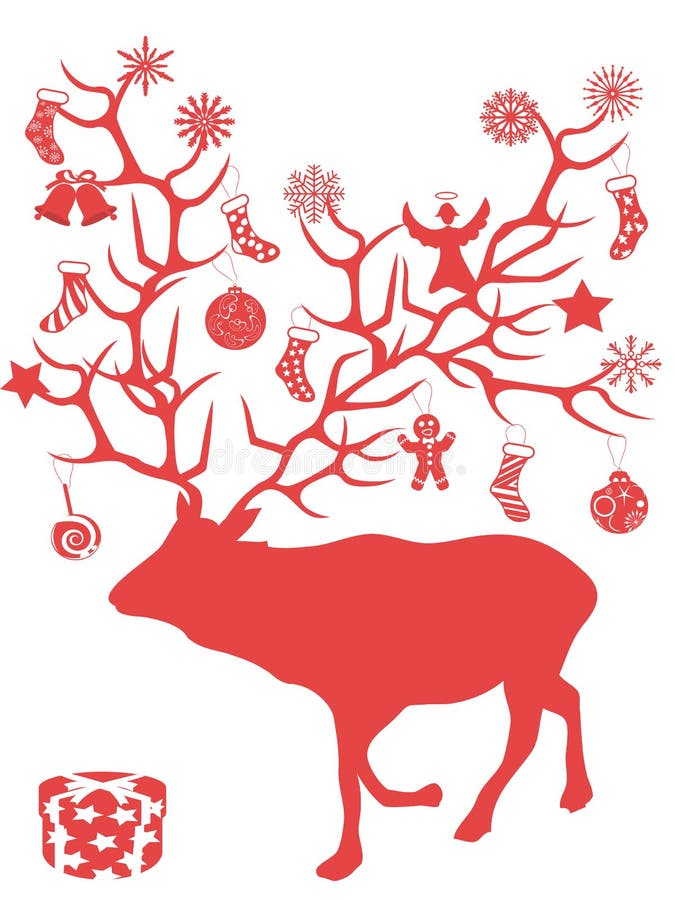 Presentes vermelhos dos chifres do ramo de árvore dos cervos do Natal