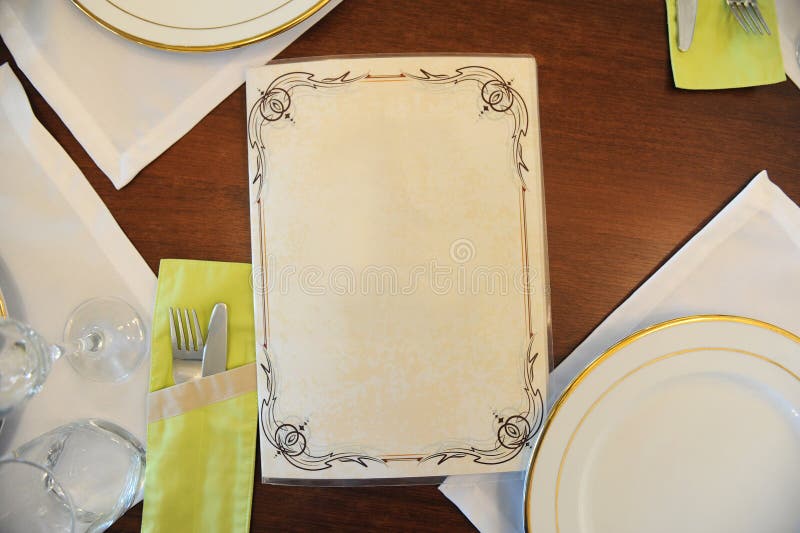 Table layout in a restaurant with menu blank with empty place for text. Table layout in a restaurant with menu blank with empty place for text