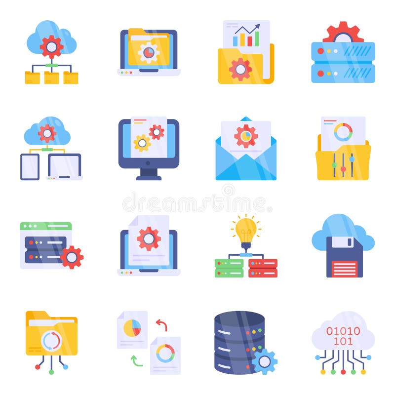 Pack of Data Management Flat Icons. Presenting a set of flat icons conceptualizing data management vectors. Data management along with business data are designed on white background.