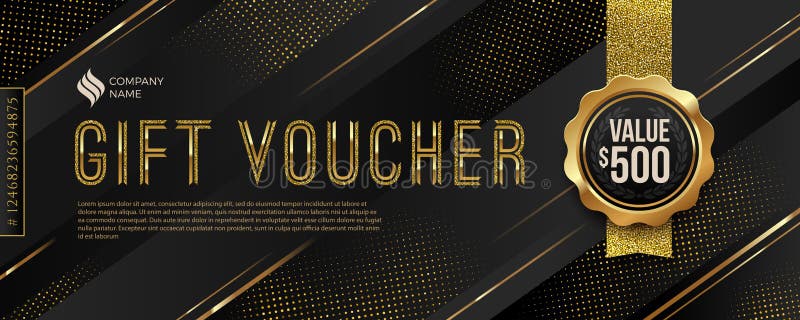 Gift voucher template with glitter gold elements. Vector illustration. Design for invitation, certificate, gift coupon, ticket, voucher, diploma etc. Gift voucher template with glitter gold elements. Vector illustration. Design for invitation, certificate, gift coupon, ticket, voucher, diploma etc