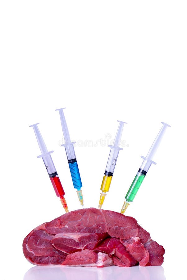 Syringes with colorful liquids being injected to a piece of meat. Concept. Isolated. Syringes with colorful liquids being injected to a piece of meat. Concept. Isolated.