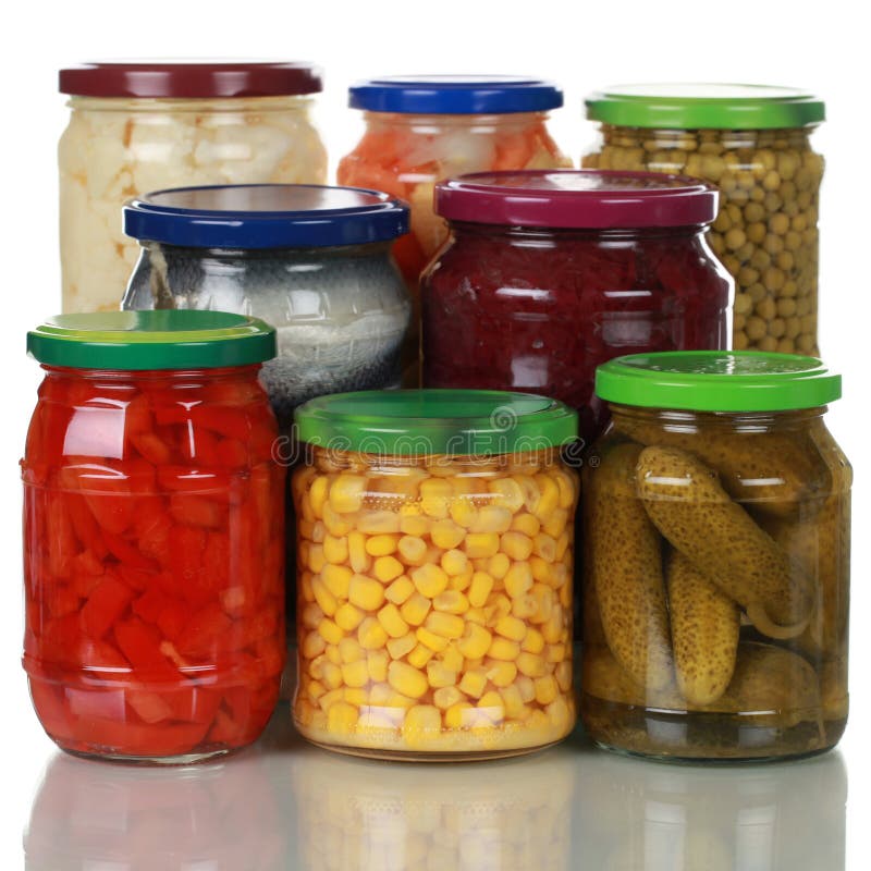 Glass Jars For Storing Food With Canned Vegetables, Fruits And Berries