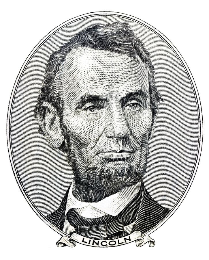 Portrait of former U. S. president Abraham Lincoln as he looks on five dollar bill obverse. Portrait of former U. S. president Abraham Lincoln as he looks on five dollar bill obverse
