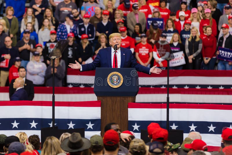 Des Moines, IA / USA - 01/30/2020: President Donald J. Trump on Thursday 01/30/2020 speaking at his Keep America Great Again rally in Des Moines, Iowa at Drake Universityâ€™s Knapp Center. Des Moines, IA / USA - 01/30/2020: President Donald J. Trump on Thursday 01/30/2020 speaking at his Keep America Great Again rally in Des Moines, Iowa at Drake Universityâ€™s Knapp Center.