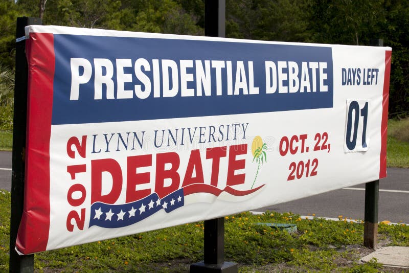 Presidental Debate. Signs for the 3rd and final Presidential Debate between President Obama and Republican Mitt Romney at Lynn University in Boca Raton, Florida royalty free stock photo Presidental Debate. Signs for the 3rd and final Presidential Debate between President Obama and Republican Mitt Romney at Lynn University in Boca Raton, Florida royalty free stock photo