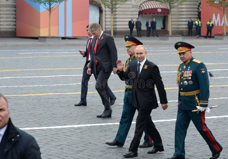 MOSCOW, RUSSIA - MAY 9, 2019:Russian President Vladimir Putin with defense Minister Sergei Shoigu and army General Oleg Salyukov during the celebration of the 74th anniversary of Victory. MOSCOW, RUSSIA - MAY 9, 2019:Russian President Vladimir Putin with defense Minister Sergei Shoigu and army General Oleg Salyukov during the celebration of the 74th anniversary of Victory