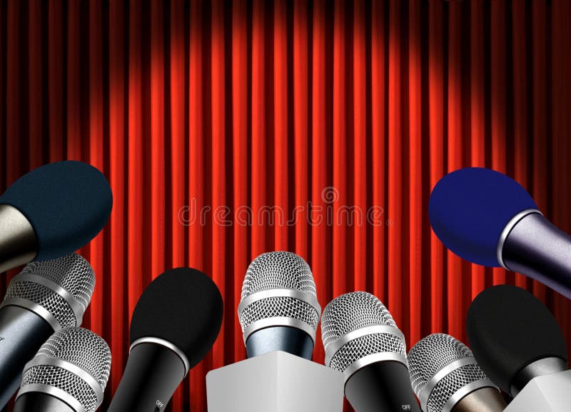 Press conference with microphone over red curtain. Conference podium illustrations