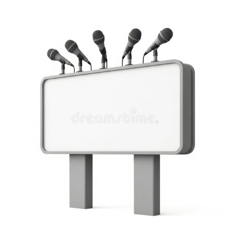 This image features a press conference podium with four microphones arranged on top. The podium is set against a transparent background, making it suitable for various design applications. The image is clear and SEO-friendly, ideal for use in presentations and digital media. Conference podium illustrations