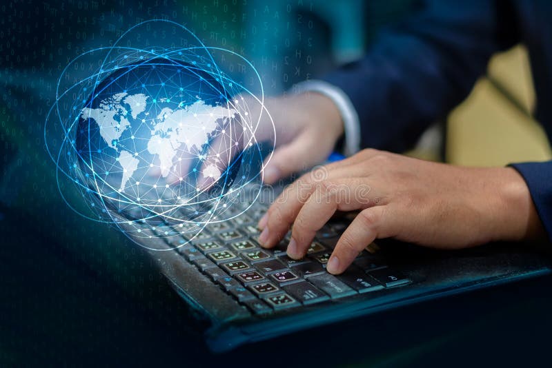 Press enter button on the computer. business logistics Communication network World map send message Connect worldwide hand keyboard Communications network map of the world Blue map Dark blue background map world global logistics network. Global network connection map stock images, royalty-free photos and pictures