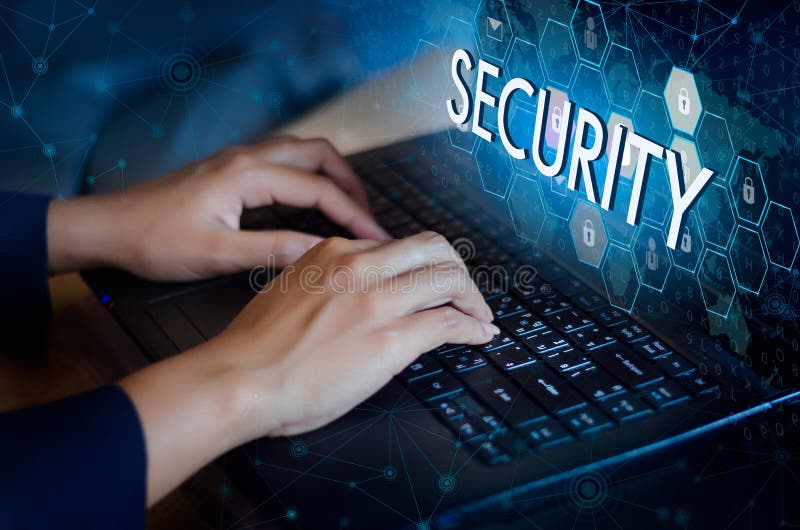 Press enter button on the computer. Key lock security system abstract technology world digital link cyber security on hi tech Dark blue background, Enter password to log in. lock finger Keyboard