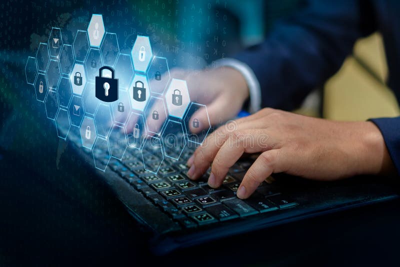 Press enter button on the computer. Key lock security system abstract technology world digital link cyber security on hi tech Dark stock photo