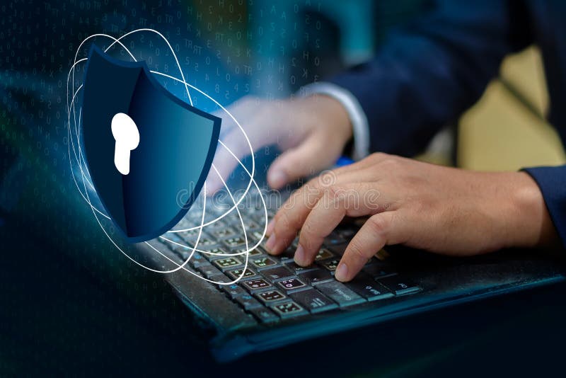 Press enter button on the keyboard computer Shield cyber Key lock security system abstract technology world digital link cyber sec stock image