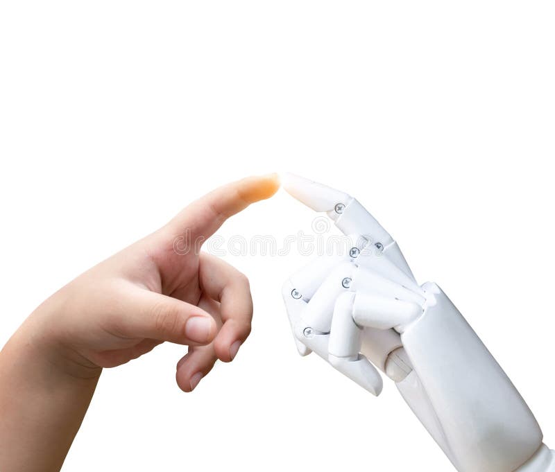 Press för hand för robot för slag för finger för hand för Robotic framtida övergångsbarn för konstgjord intelligens mänsklig royaltyfria bilder