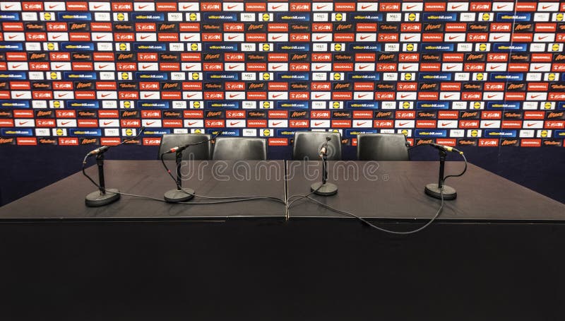 Press conference room in the Football Club Barcelona stadium Stock Photo -  Alamy