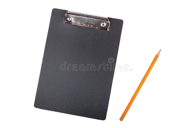 Presse-papiers avec le morceau blanc vide de papier et de crayon noir photographie stock Presse-papiers avec le morceau blanc vide de papier et de crayon noir photographie stock