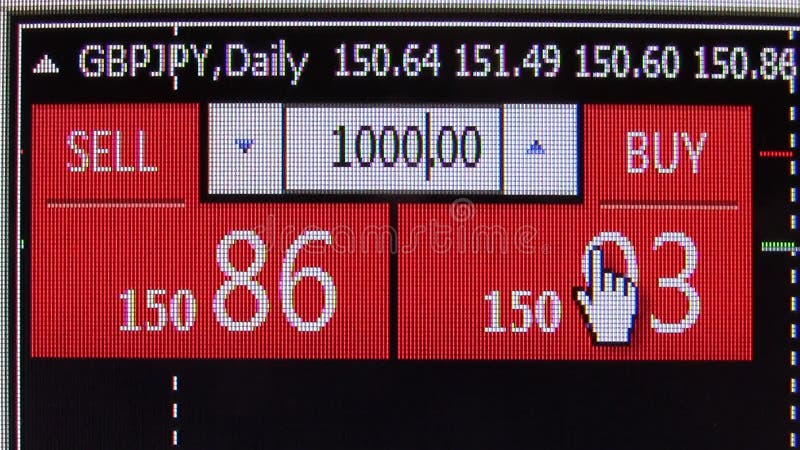 Pressionar o botão da compra no mercado dos estrangeiros cita a placa do relógio - fim financeiro da tela dos dados comerciais da