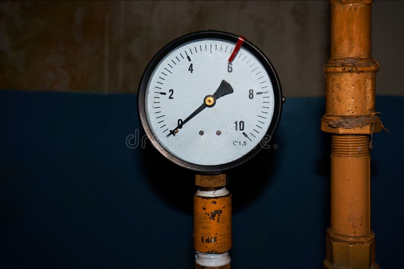 Pressure Gauge on the Gas Pipeline Showing Pressure 0 Stock Photo