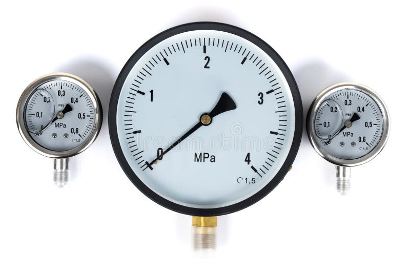 The pressure sensor in the pipeline is a manometer. Three gauges of different sizes on a white isolated background