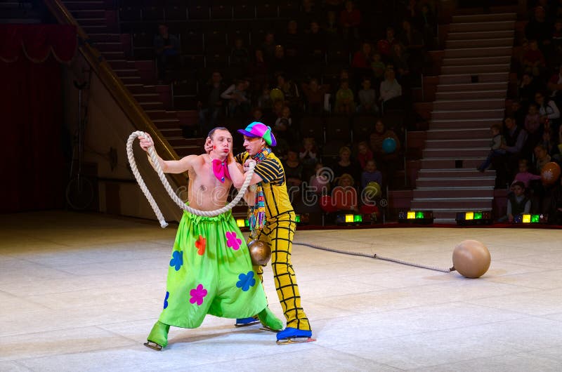 GOMEL, BELARUS - APRIL 10, 2015: Performance of clown group of Moscow Circus on Ice on tours. GOMEL, BELARUS - APRIL 10, 2015: Performance of clown group of Moscow Circus on Ice on tours