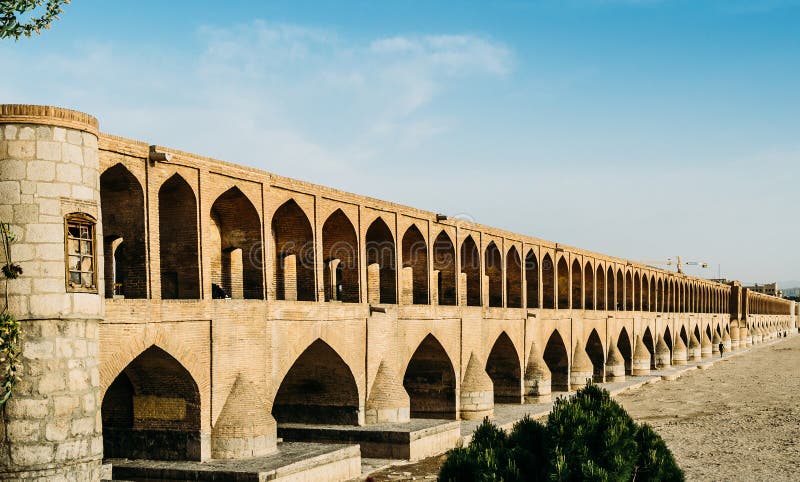 Early 17th c, Si-o-seh Pol, also known as Allahverdi Khan Bridge, in Isfahan, iran is made up of 33 arches in a row and measures 295meters long and 13.75meters wide, crossing the River Zayandeh-Roud. Early 17th c, Si-o-seh Pol, also known as Allahverdi Khan Bridge, in Isfahan, iran is made up of 33 arches in a row and measures 295meters long and 13.75meters wide, crossing the River Zayandeh-Roud.