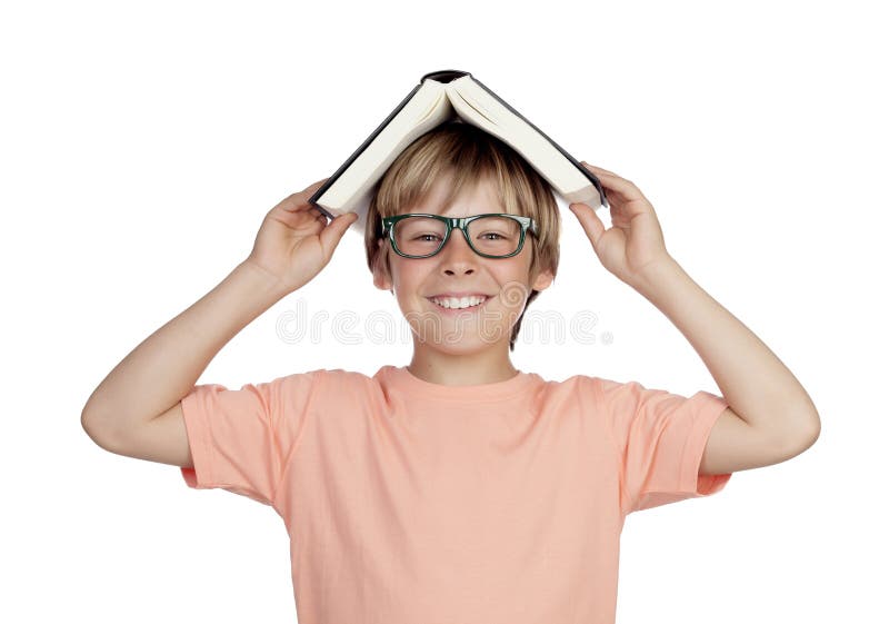 Preteen boy with a book and glasses