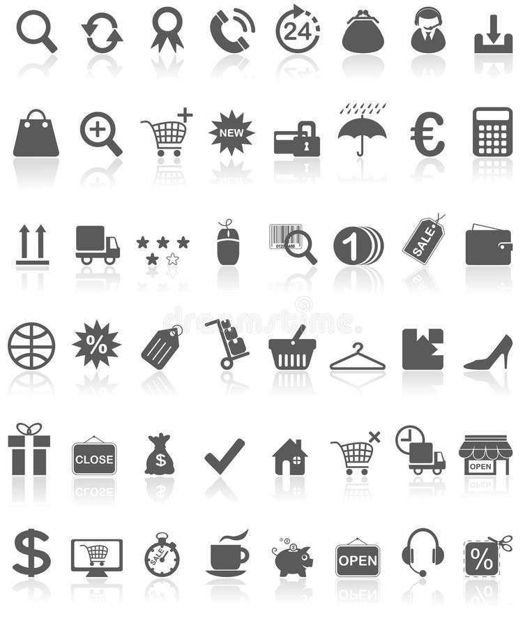 Illustration featuring collection of 48 grey black shopping on line icons or symbols with reflection isolated on white background. Check my portfolio for the complete set. Eps file is available. Illustration featuring collection of 48 grey black shopping on line icons or symbols with reflection isolated on white background. Check my portfolio for the complete set. Eps file is available.