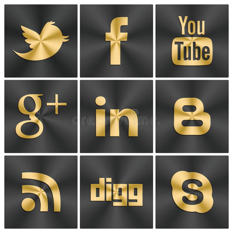 An illustrated set of 9 large social Black and gold icons set for web, facebook, twitter and other industries. An illustrated set of 9 large social Black and gold icons set for web, facebook, twitter and other industries.