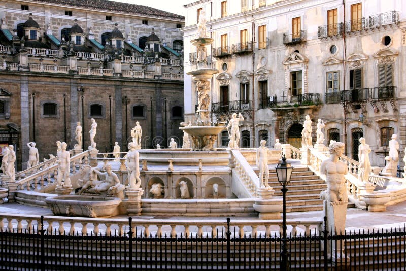 Pretoria square, baroque fountain statues. Palermo