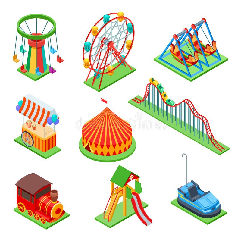 Pretpark isometrische elementen Reuzenrad en circustent, popcorncabine en achtbaan Beeldverhaal polair met harten stock illustratie Pretpark isometrische elementen Reuzenrad en circustent, popcorncabine en achtbaan Beeldverhaal polair met harten stock illustratie