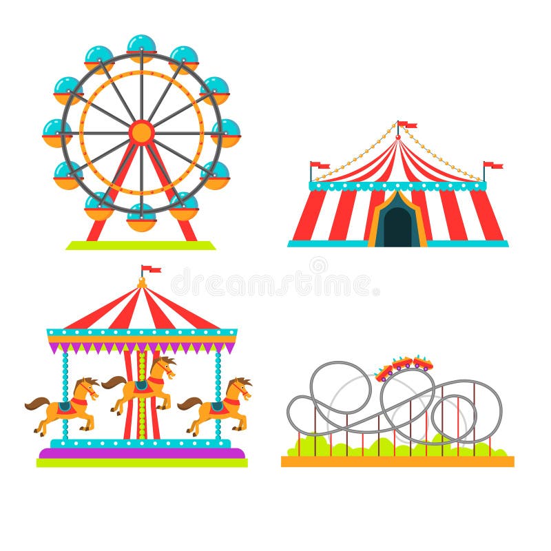 Pretpark vectorillustratie van aantrekkelijkhedenritten, circustent, vrolijk-gaan-rond carrousel en observatiewiel of stock illustratie Pretpark vectorillustratie van aantrekkelijkhedenritten, circustent, vrolijk-gaan-rond carrousel en observatiewiel of stock illustratie